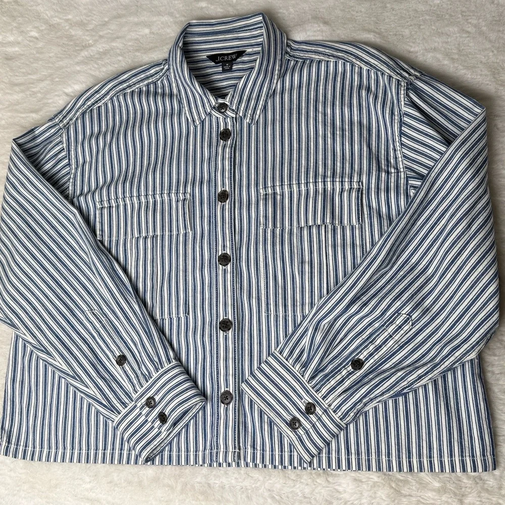 J‎ Crew Cargo Button Up Railroad Stripe Shirt Jacket M Shacket Heritage Utility